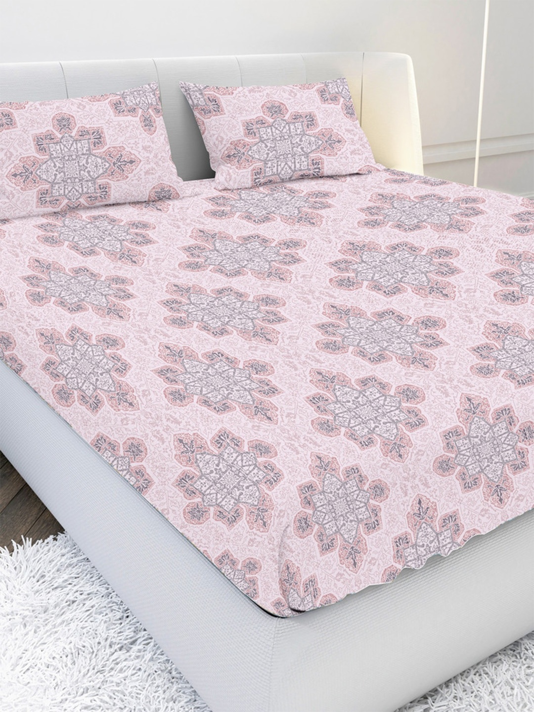 

MAYFAIR HOMES LONDON Pink & Grey Ethnic Motifs 300 TC King Bedsheet with 2 Pillow Covers