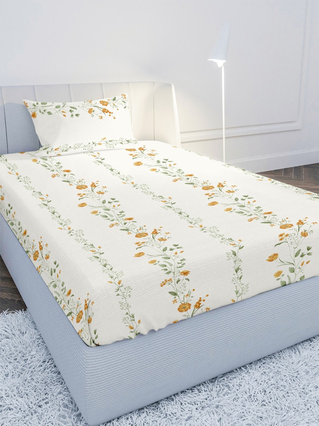 

MAYFAIR HOMES LONDON Orange & White Floral 120 TC Single Bedsheet with 1 Pillow Covers