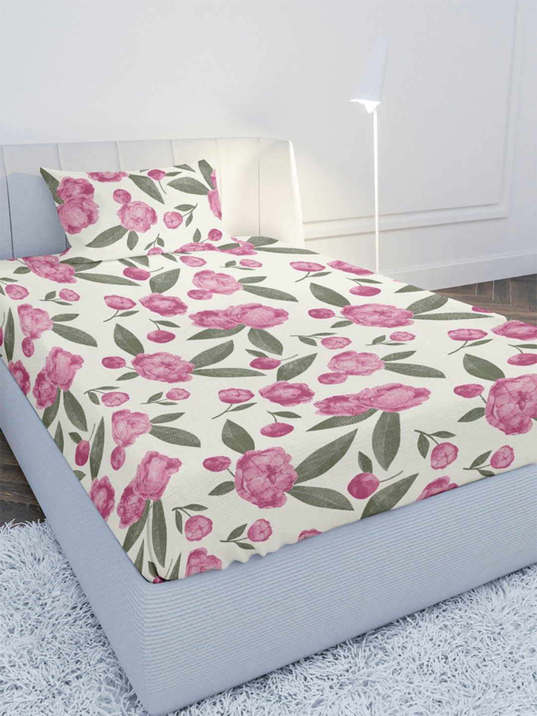 

MAYFAIR HOMES LONDON Pink & White Floral 144 TC Single Bedsheet with 1 Pillow Covers