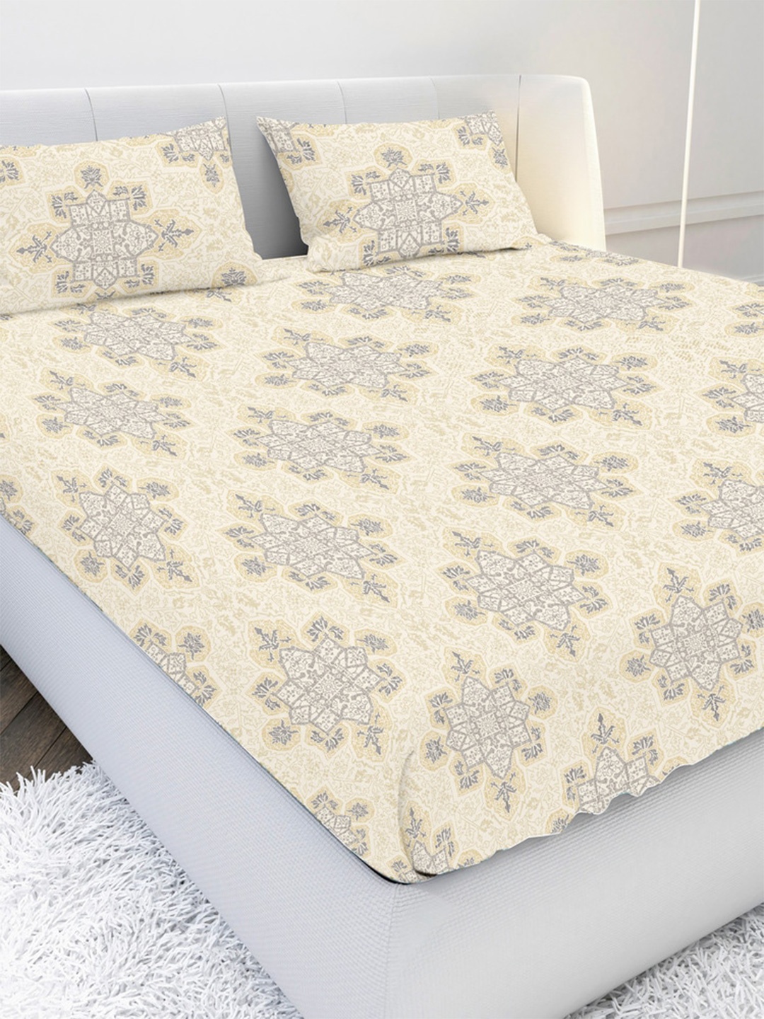 

MAYFAIR HOMES LONDON Yellow & Grey Ethnic Motifs 300 TC King Bedsheet with 2 Pillow Covers