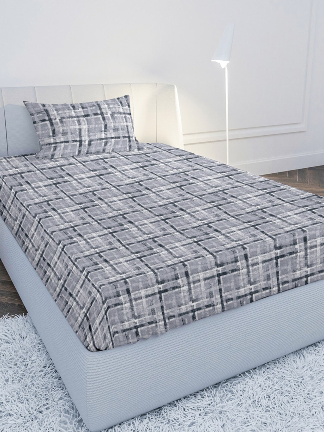 

MAYFAIR HOMES LONDON Grey Geometric 120 TC Single Bedsheet with 1 Pillow Covers