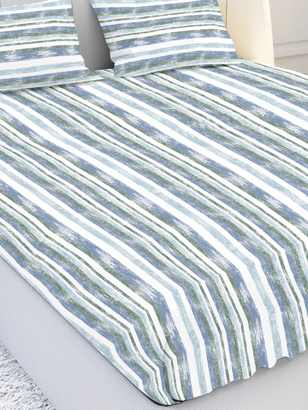 

MAYFAIR HOMES LONDON Green & White Striped 210 TC King Bedsheet with 2 Pillow Covers