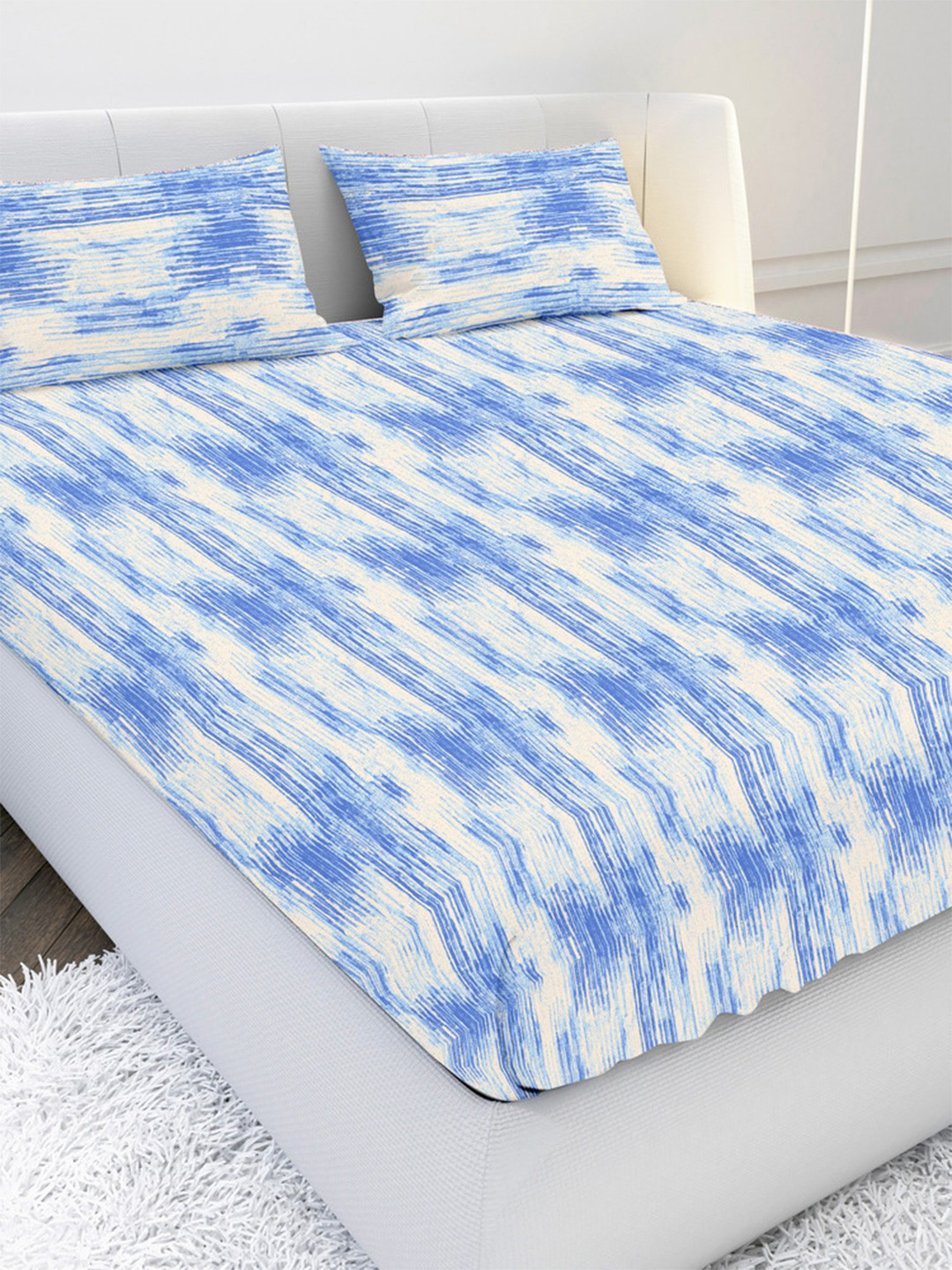 

MAYFAIR HOMES LONDON Blue & Cream-Coloured 120 TC King Bedsheet with 2 Pillow Covers