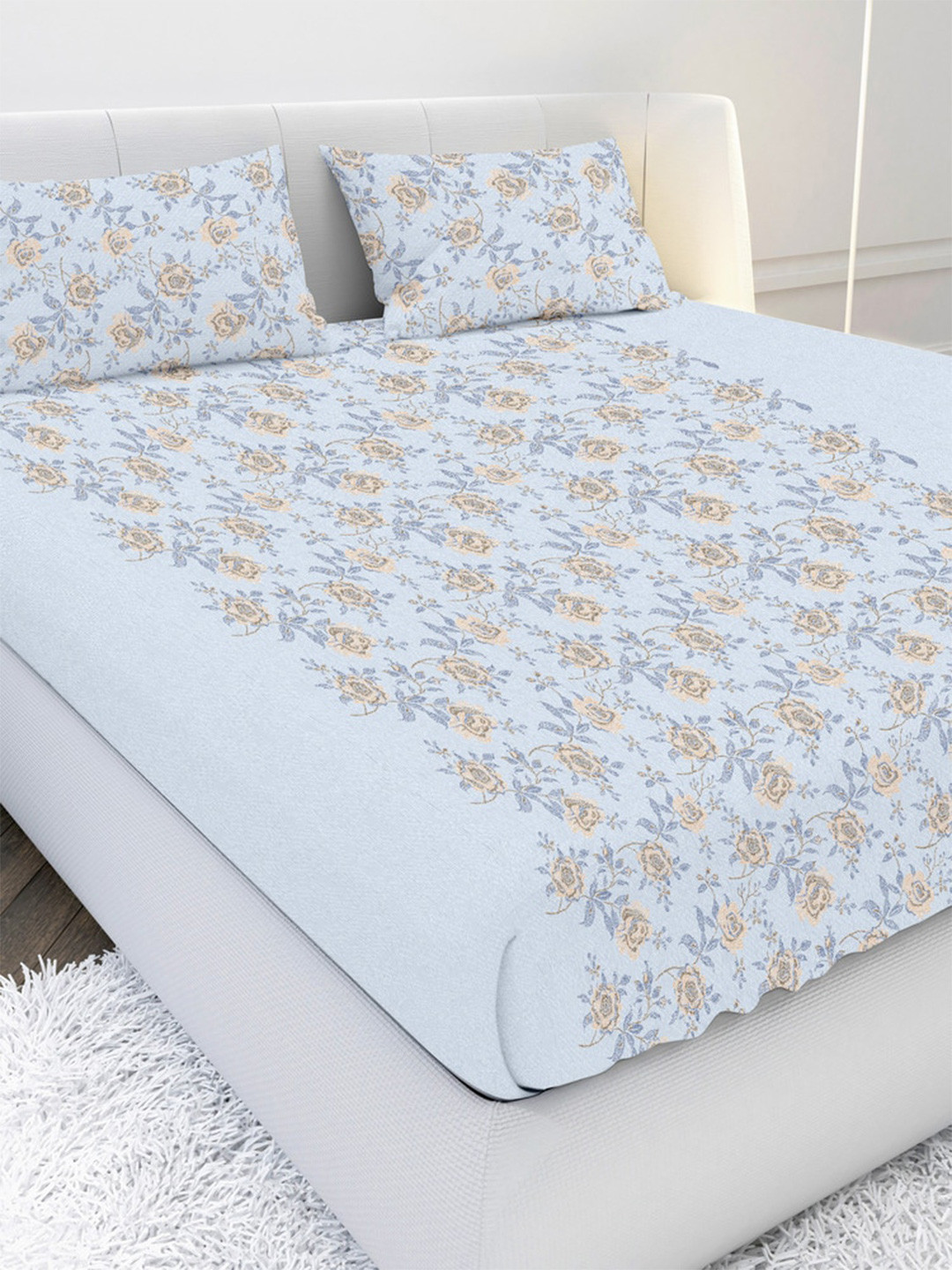 

MAYFAIR HOMES LONDON White & Blue Floral 300 TC King Bedsheet with 2 Pillow Covers