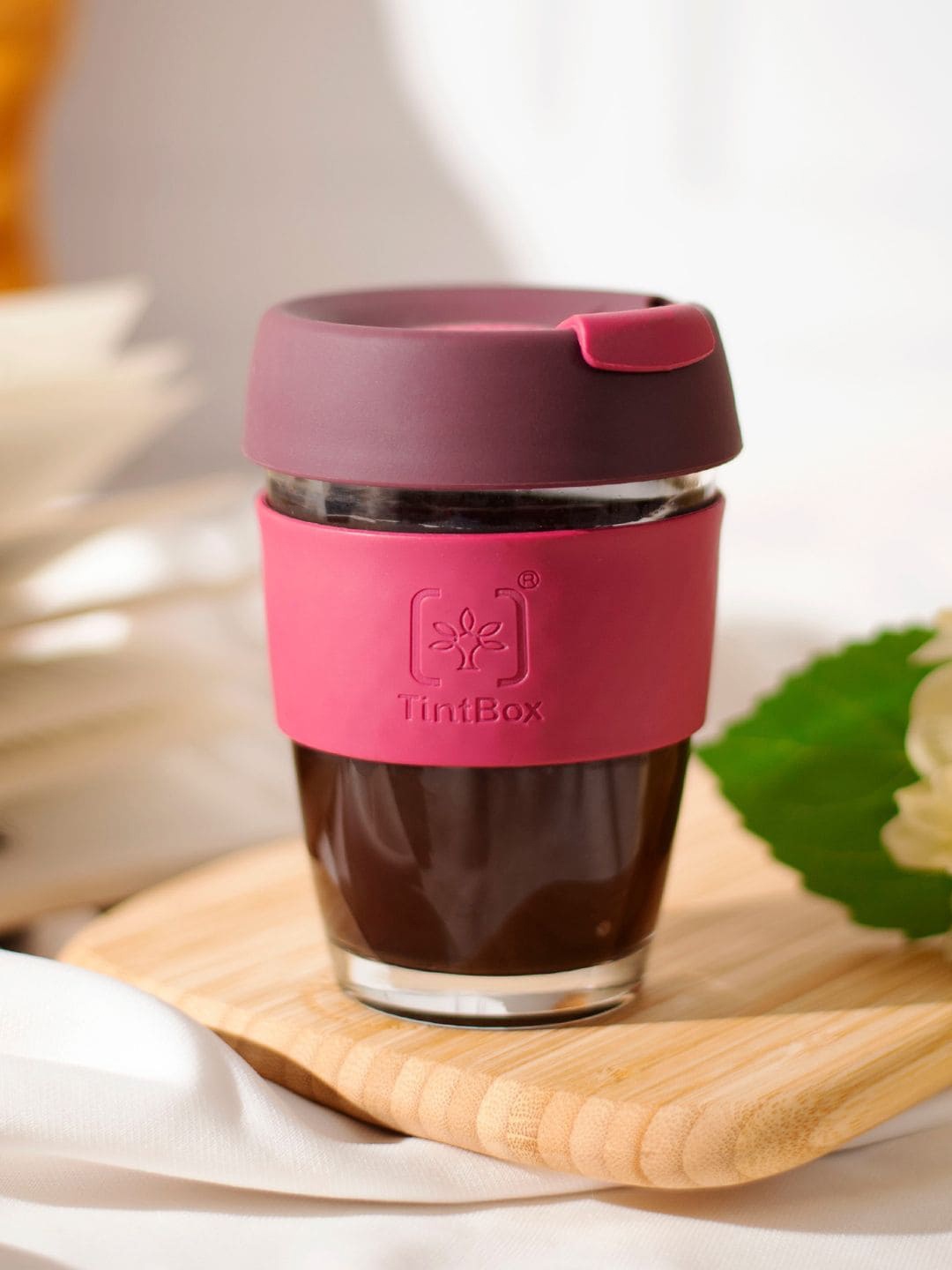 

TintBox Pink & Maroon Solid Glass Matte Coffee Cup with Silicone Lid - 350 ML