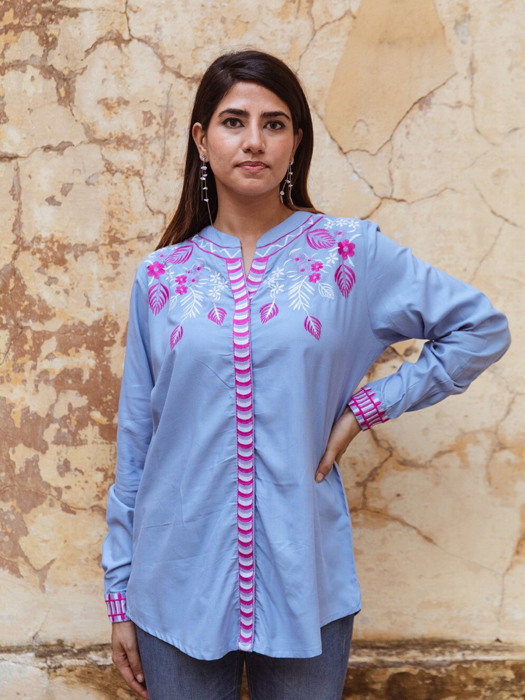 

Aadews Floral Embroidered Mandarin Collar Longline Top, Blue