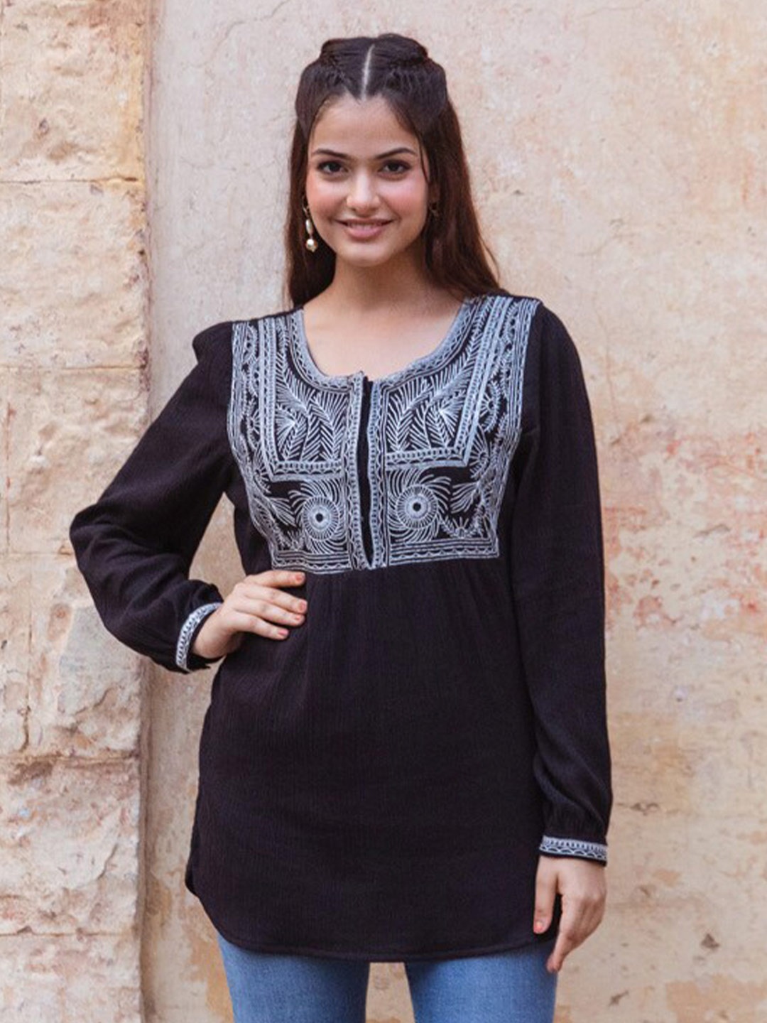 

Aadews Ethnic Motifs Embroidered Puff Sleeves Gathered Detailed Longline Cotton Top, Black