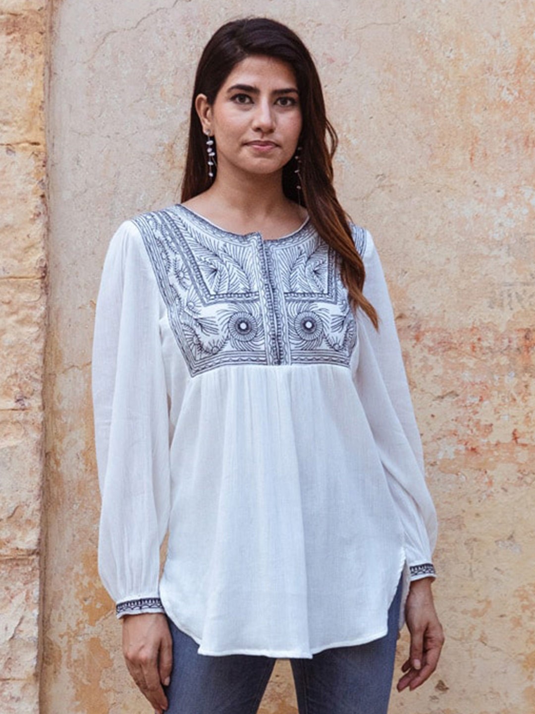 

Aadews Ethnic Motifs Embroidered Puff Sleeves Gathered Detailed Longline Cotton Top, White