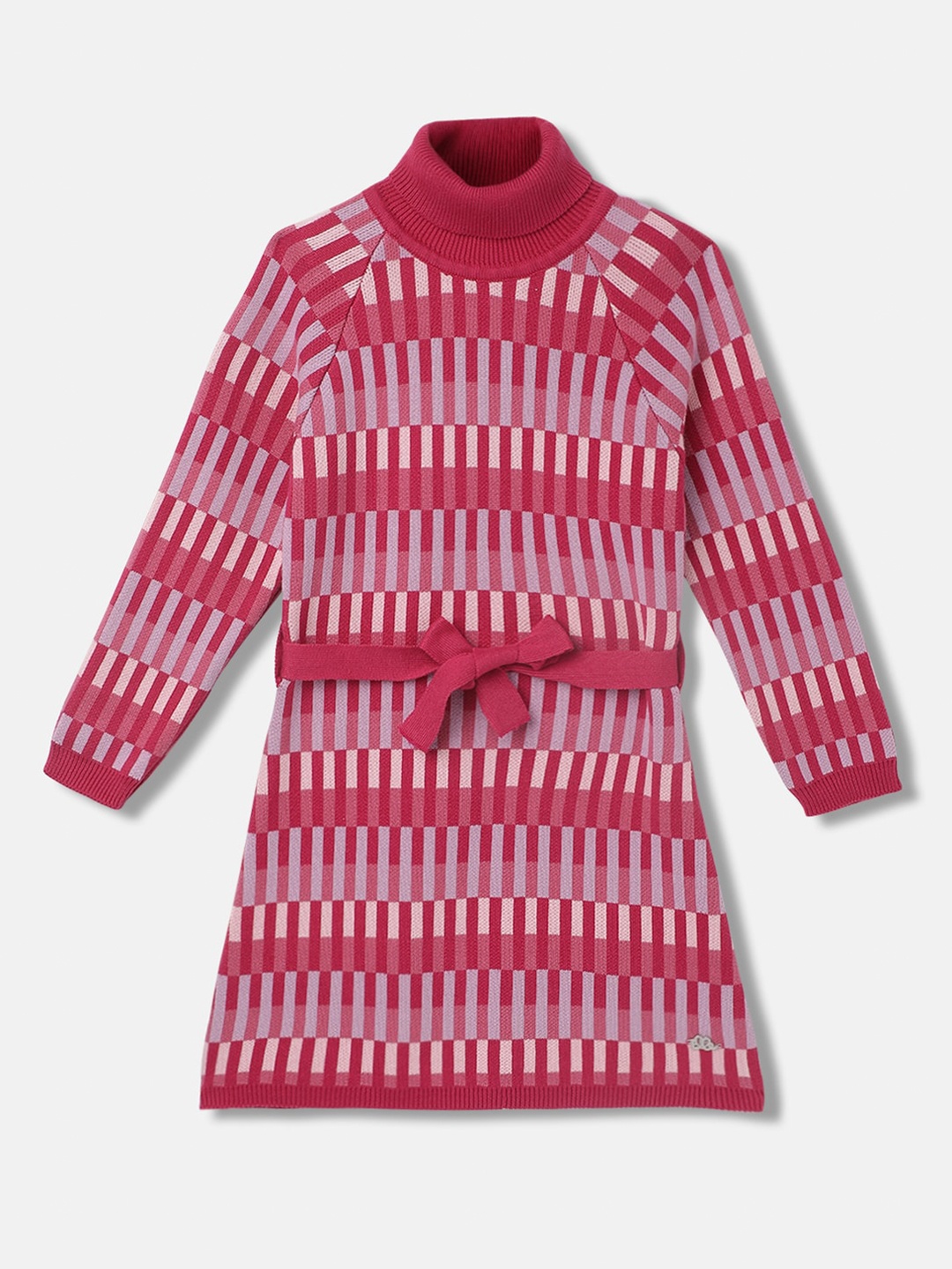 

ELLE Girls Self Design Turtle Neck Pure Cotton A-Line Dress, Pink