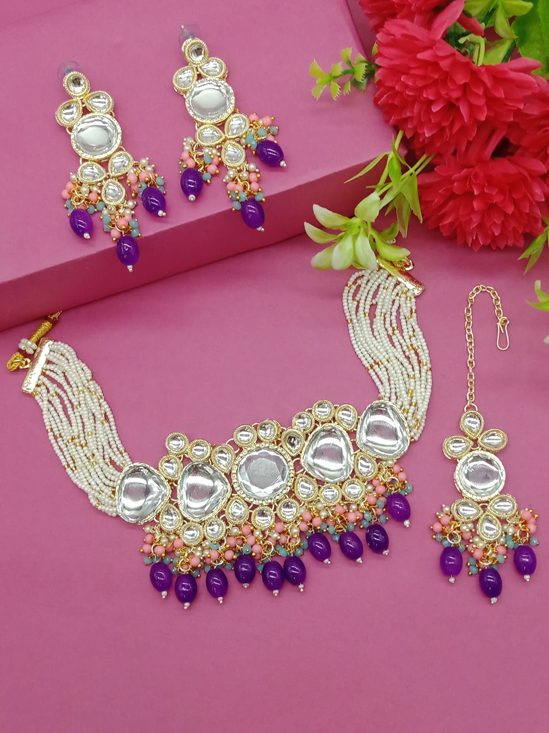 

AASHISH IMITATION Gold Plated Kundan Studded & Beaded Jewellery Set, Purple