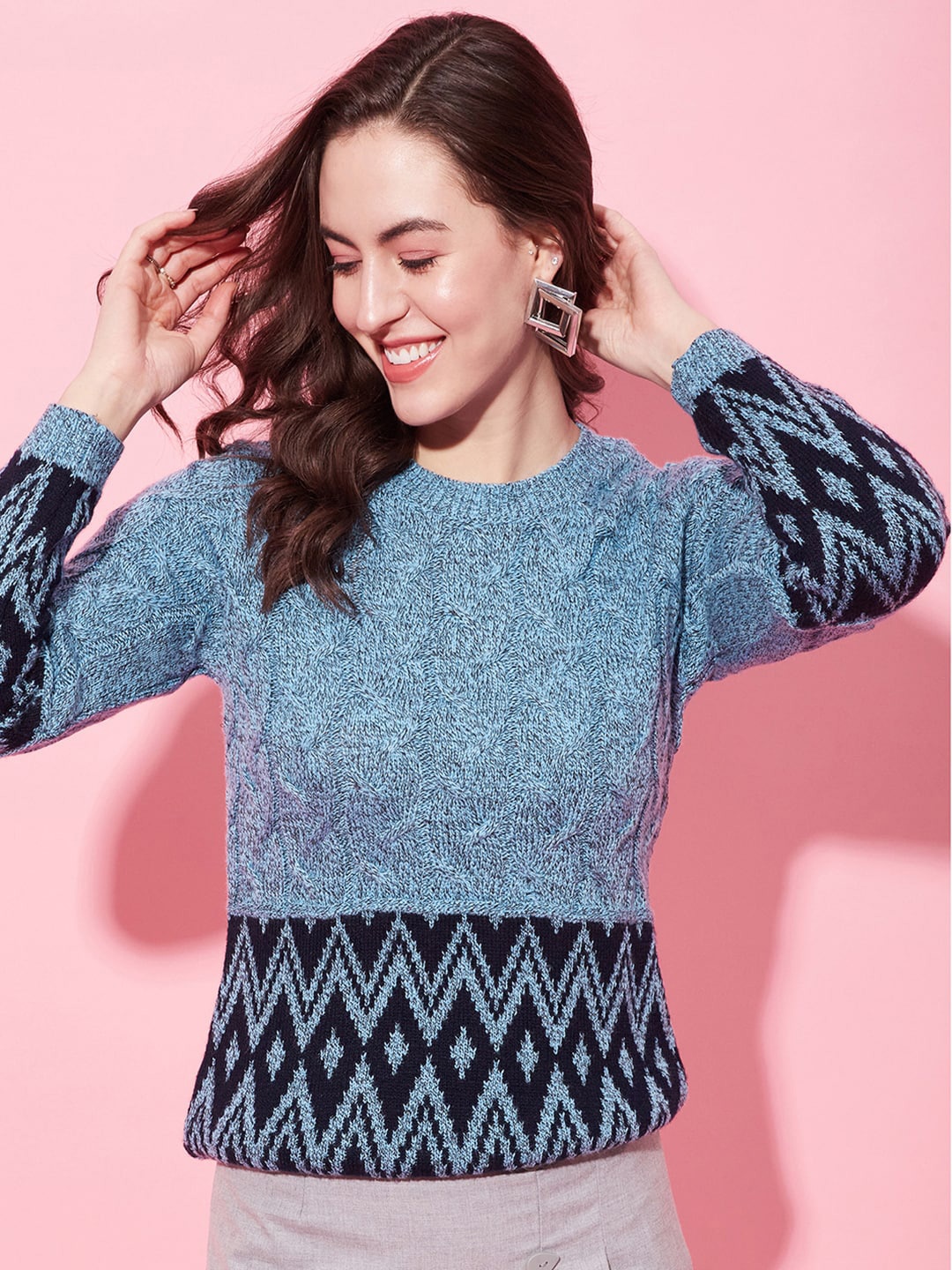

Modeve Striped Self Design Ribbed Acrylic Pullover, Blue