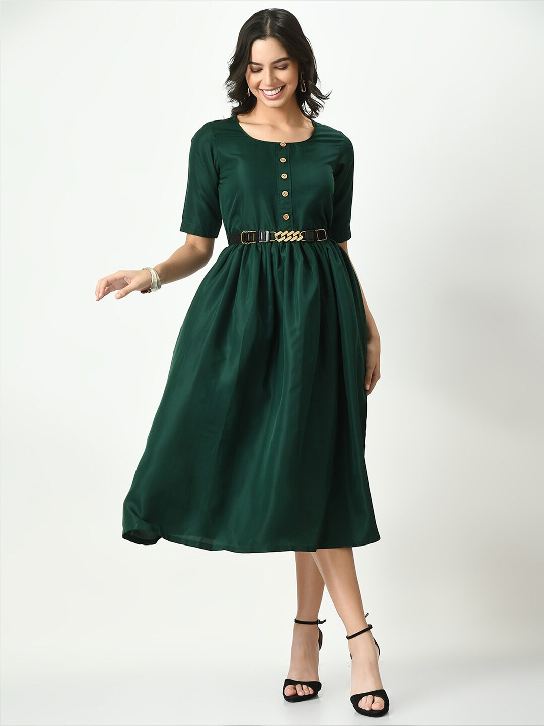 

KALINI Green Round Neck Crepe Fit & Flare Midi Dress