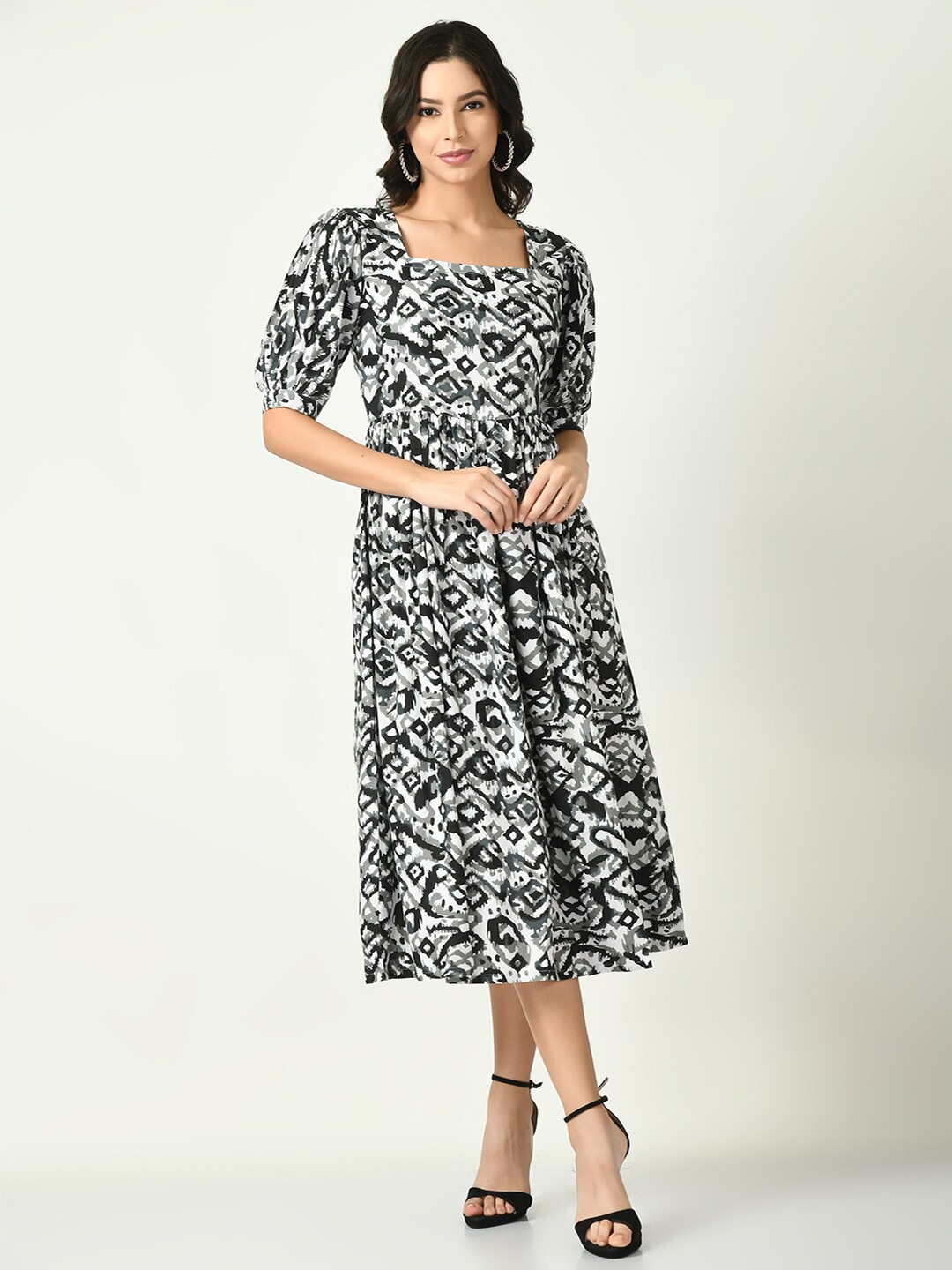 

KALINI Abstract Printed Puff Sleeves Fit & Flare Midi Dress, Black