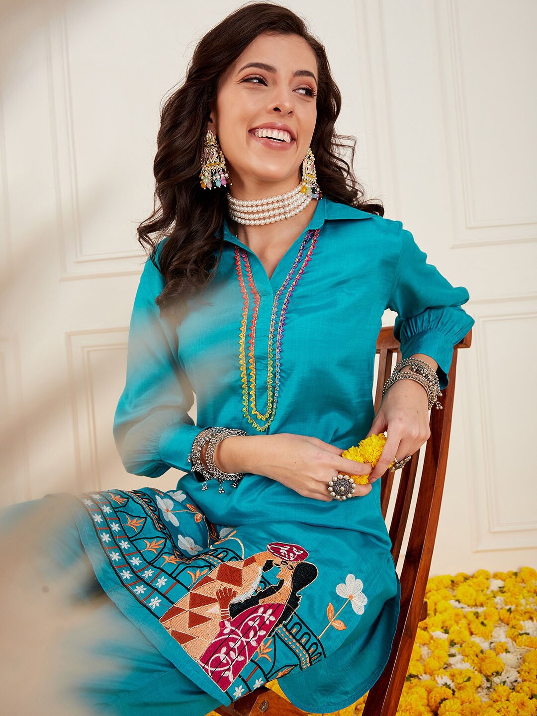 

Sangria Embroidered Pure Silk Pathani Kurta With Trouser, Turquoise blue