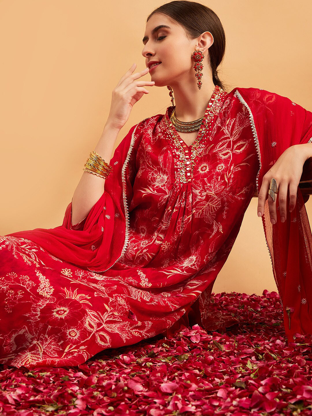 

Sangria Floral Printed V-Neck Mirror Work A-Line Kurta Set With Dupatta, Red
