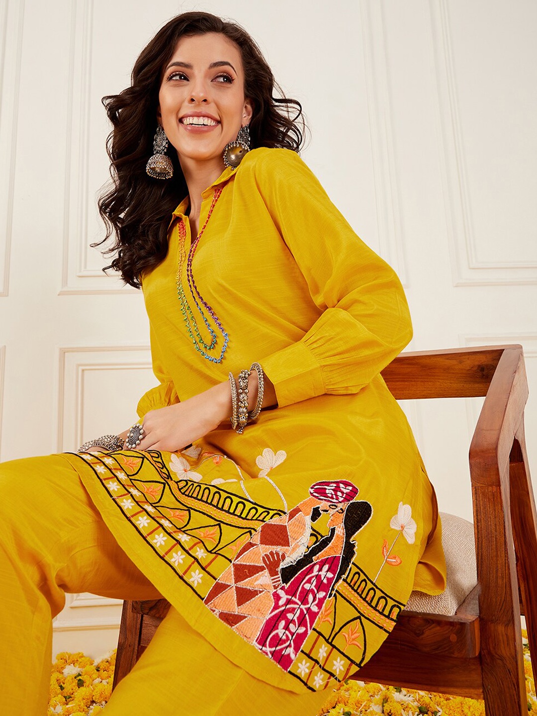 

Sangria Embroidered Shirt Collar Cuffed Sleeve Kurta Sets, Yellow