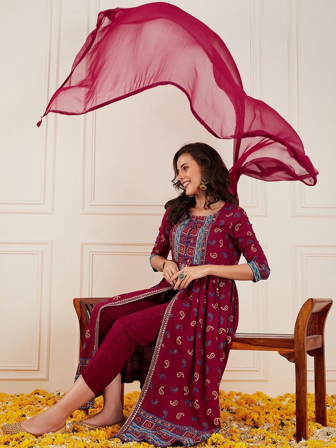 

Sangria Ethnic Motifs Printed A-Line Kurta With Trouser & Dupatta, Maroon