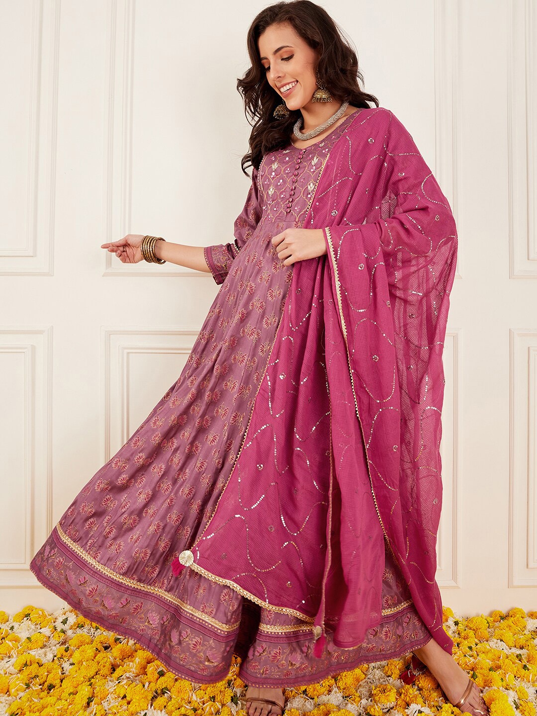

Sangria Burgundy Ethnic Motifs Printed Mirror Work Gotta Patti Anarkali Kurta with Dupatta