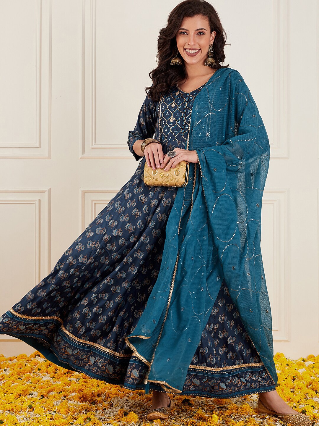 

Sangria Teal Ethnic Motifs Printed Mirror Work Gotta Patti Anarkali Kurta with Dupatta