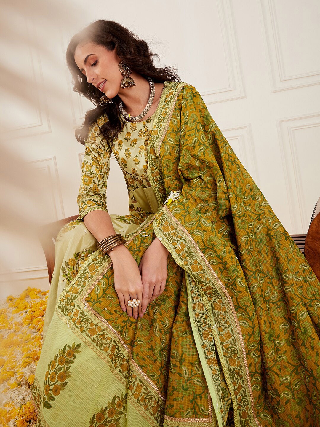 

Sangria Green Ethnic Motifs Printed Gotta Patti Panelled Anarkali Kurta with Dupatta, Sea green