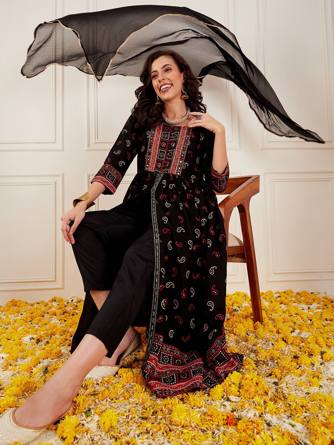 

Sangria Ethnic Motifs Round Neck A-Line Kurta With Trouser & Dupatta, Black