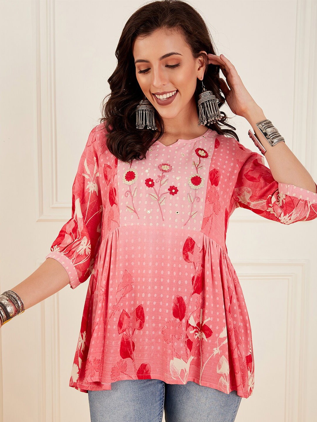 

Sangria Pink Floral Printed Pleated A-Line Kurti