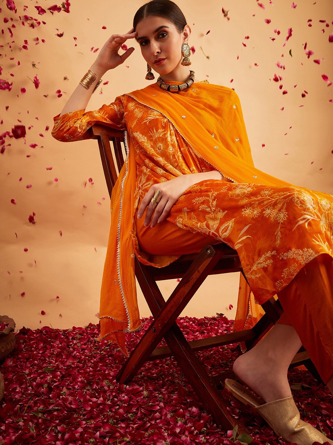 

Sangria Floral Printed V-Neck Mirror Work A-Line Kurta Set With Dupatta, Orange