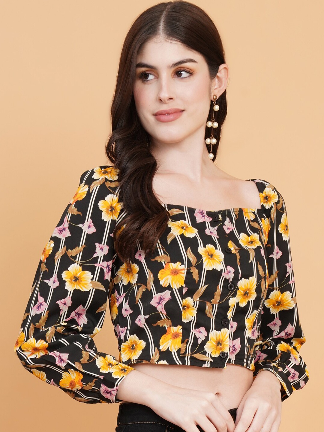 

IX IMPRESSION Floral Printed Puff Sleeve Shirt Style Crop Top, Black