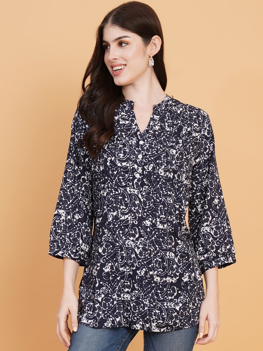 

IX IMPRESSION Floral Printed Mandarin Collar Top, Navy blue