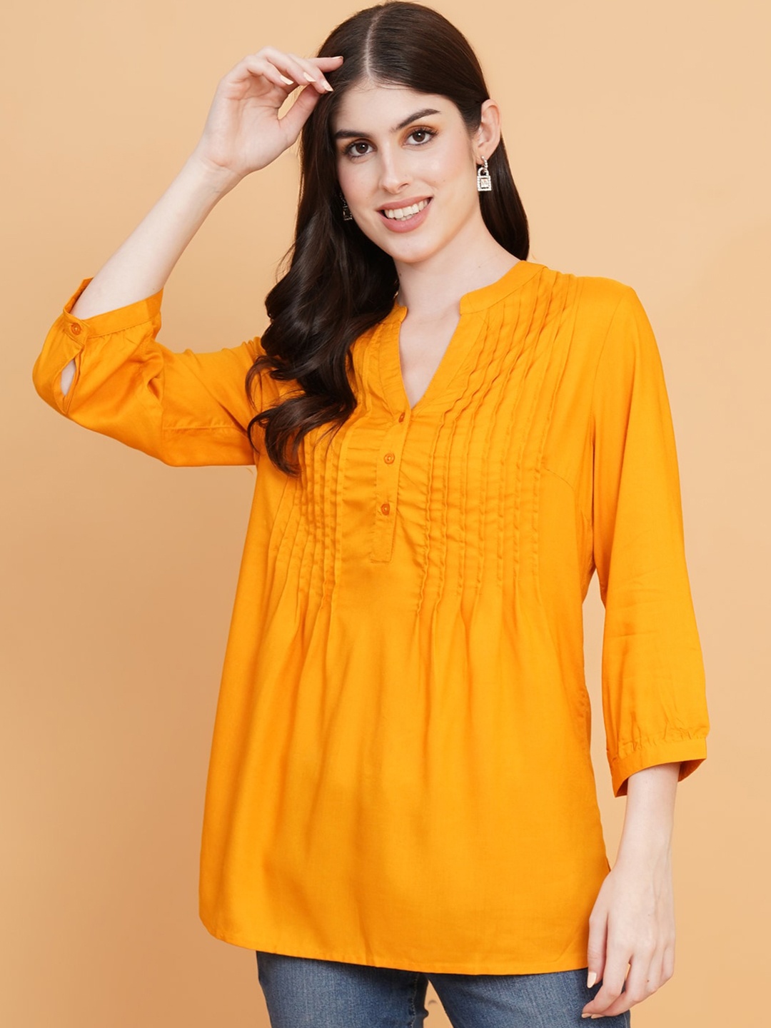 

IX IMPRESSION Mandarin Collar Top, Mustard