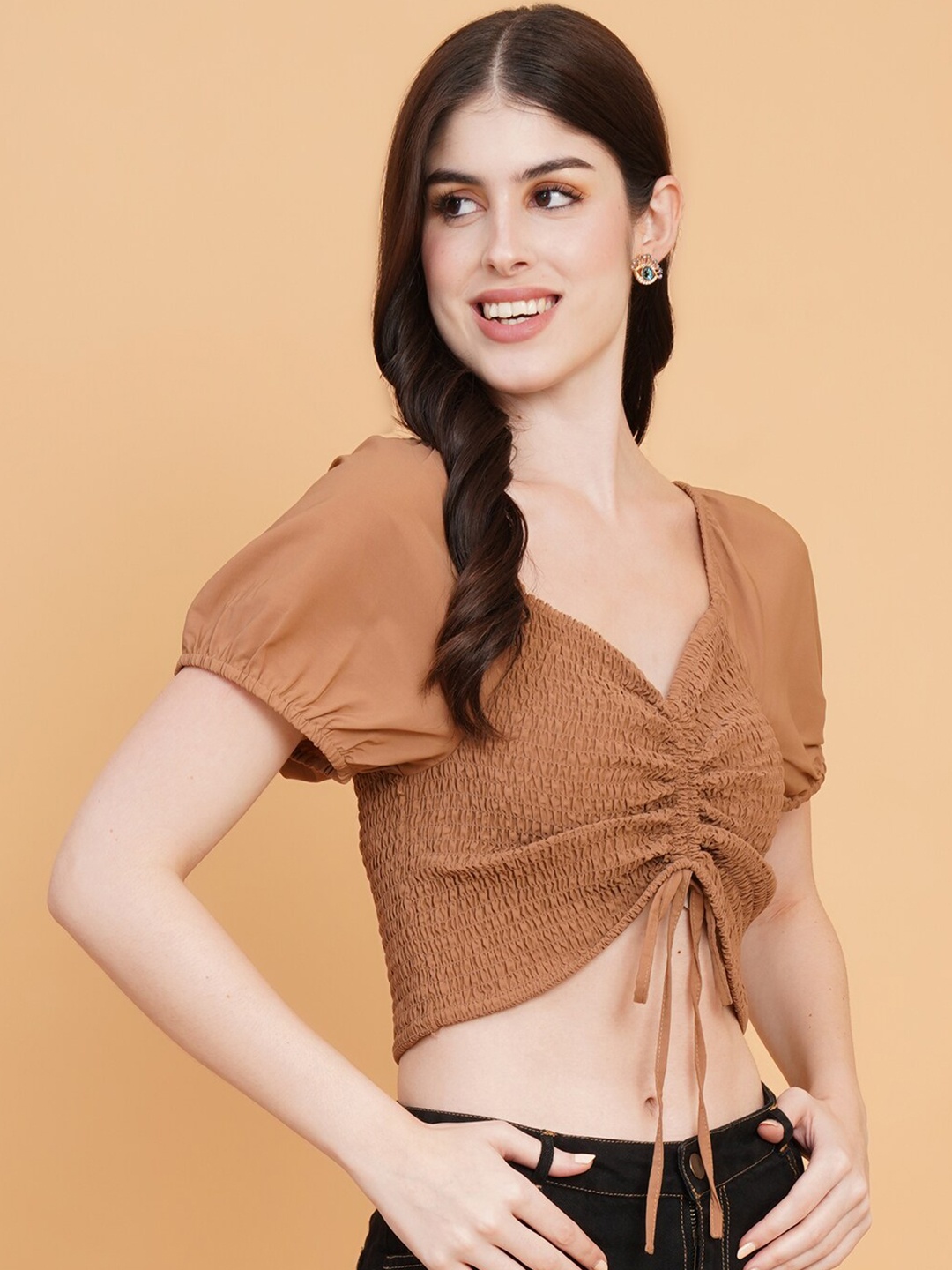 

IX IMPRESSION Sweetheart Neck Puff Sleeve Smocked Crop Top, Brown