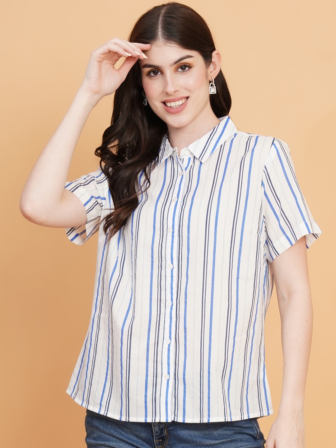 

IX IMPRESSION Striped Cotton Shirt Style Top, Blue