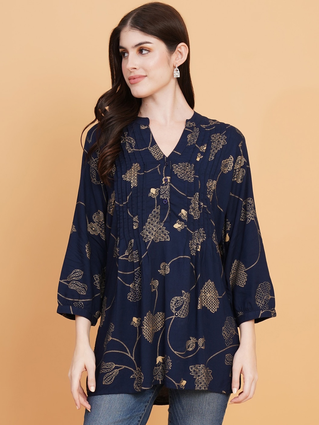 

IX IMPRESSION Floral Print Mandarin Collar Puff Sleeve Kurti, Navy blue