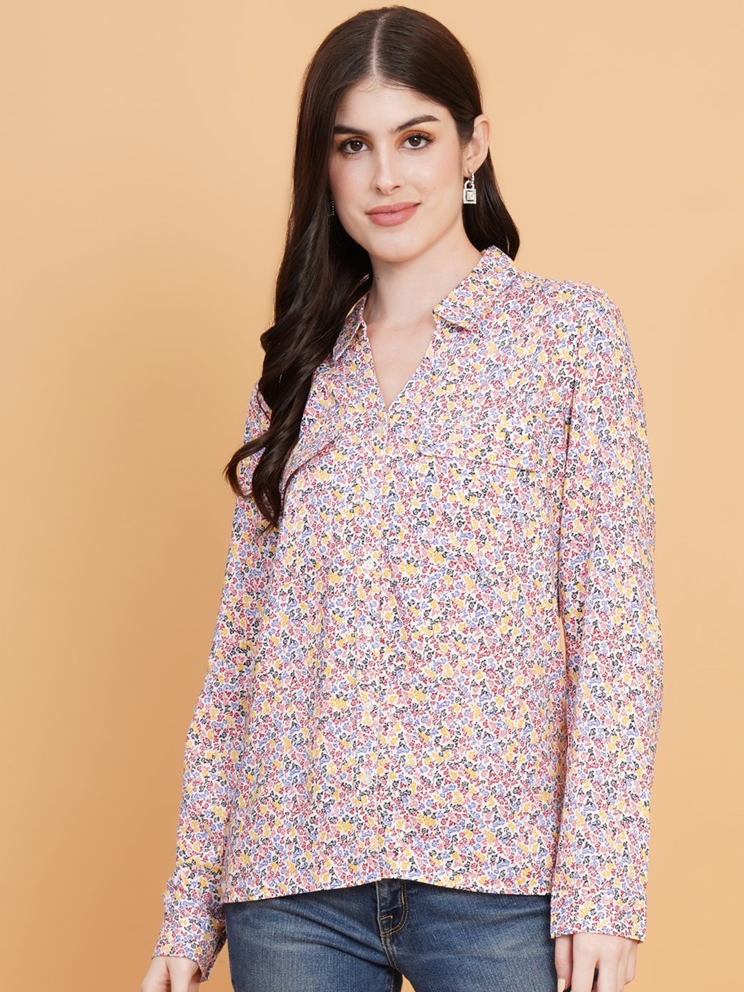 

IX IMPRESSION Floral Printed Shirt Collar Long Sleeve Shirt Style Top, Yellow