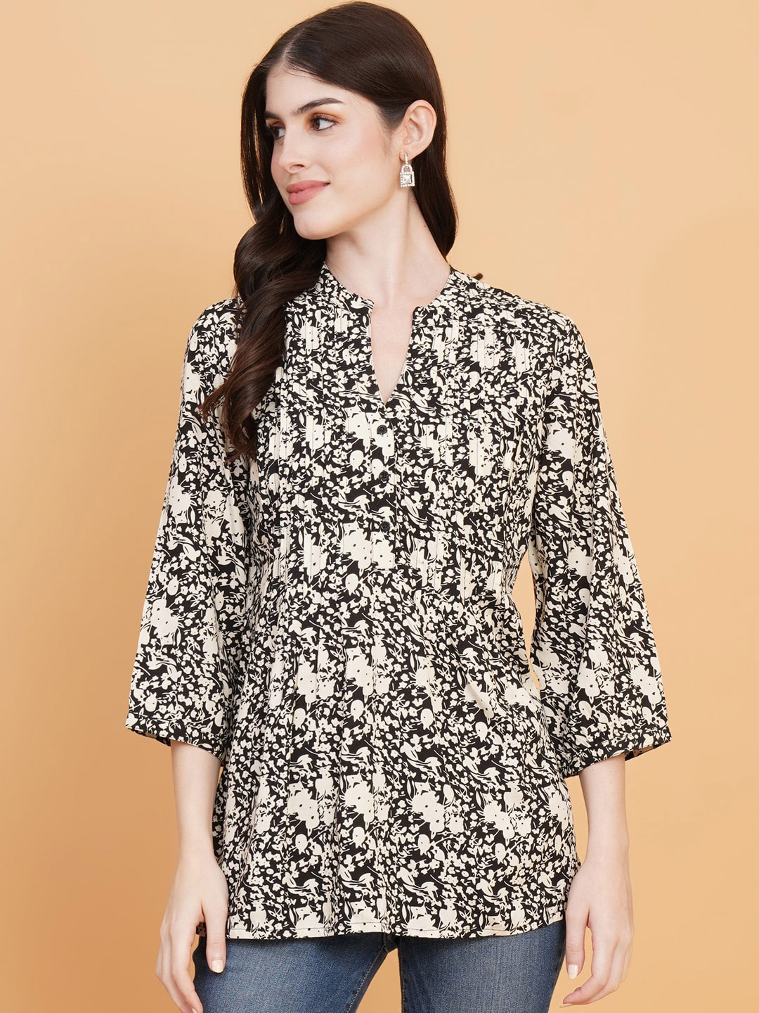 

IX IMPRESSION Floral Printed Mandarin Collar Top, Black