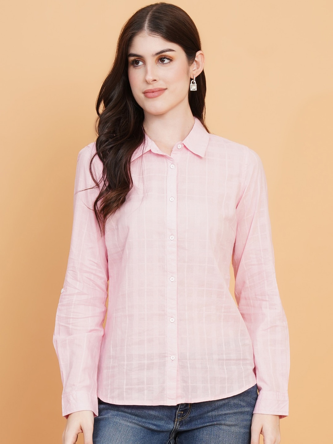 

IX IMPRESSION Checked Spread Collar Cuffed Sleeve Cotton Shirt, Pink