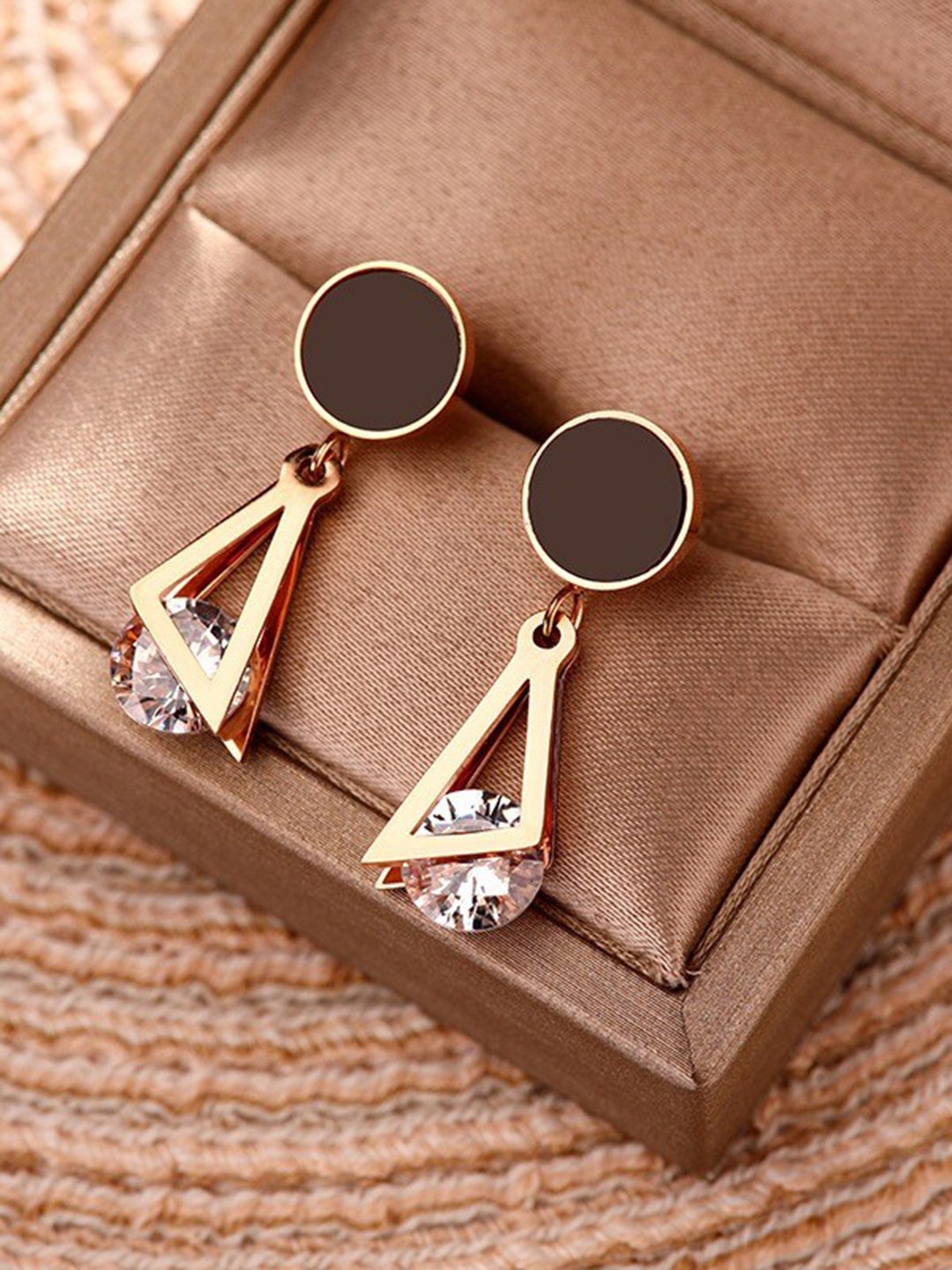 

MYKI Stainless Steel Rose Gold Plated Cubic Zirconia Studded Drop Earrings
