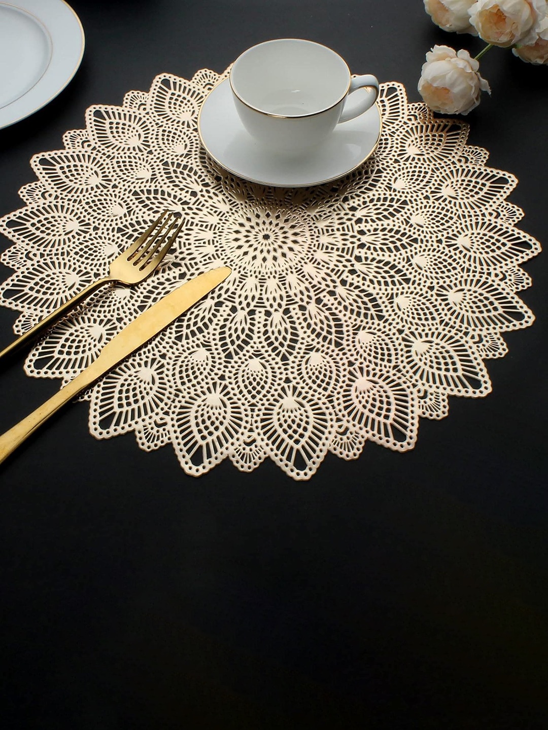 

Dakshya Industries Gold Toned 6 Pieces Floral Round Table Placemats