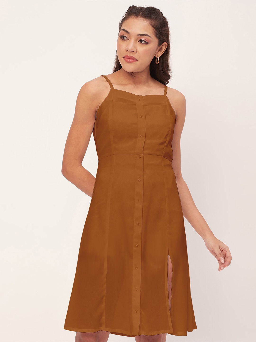 

Moomaya Side Slit Sleeveless A-Line Dress, Brown