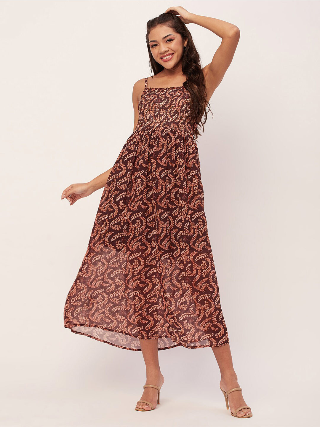 

Moomaya Floral Printed Sleeveless Smocked Georgette A-Line Midi Dress, Brown