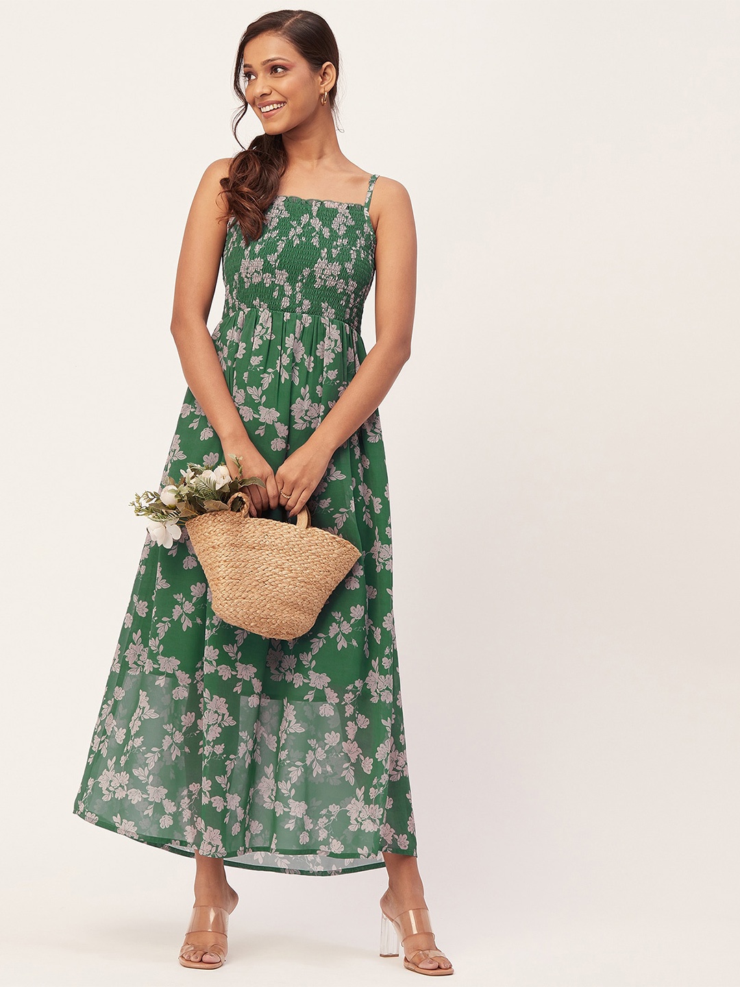 

Moomaya Floral Printed Shoulder Strap Smocked A-line Maxi Dress, Green