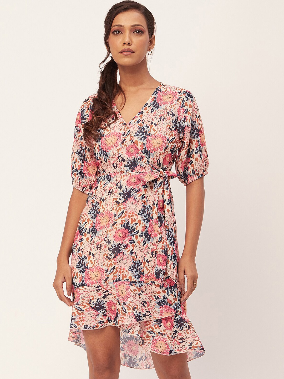 

Moomaya Floral Printed Puff Sleeves V-Neck Asymmetric Wrap Dress, Pink
