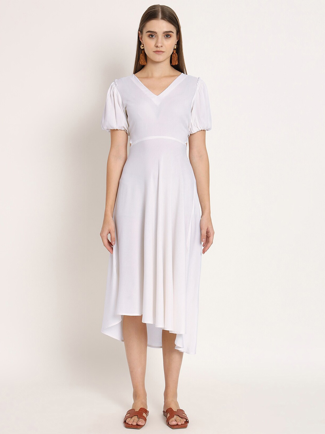 

Moomaya V-Neck Puff Sleeves Fit & Flare Midi Dress, White