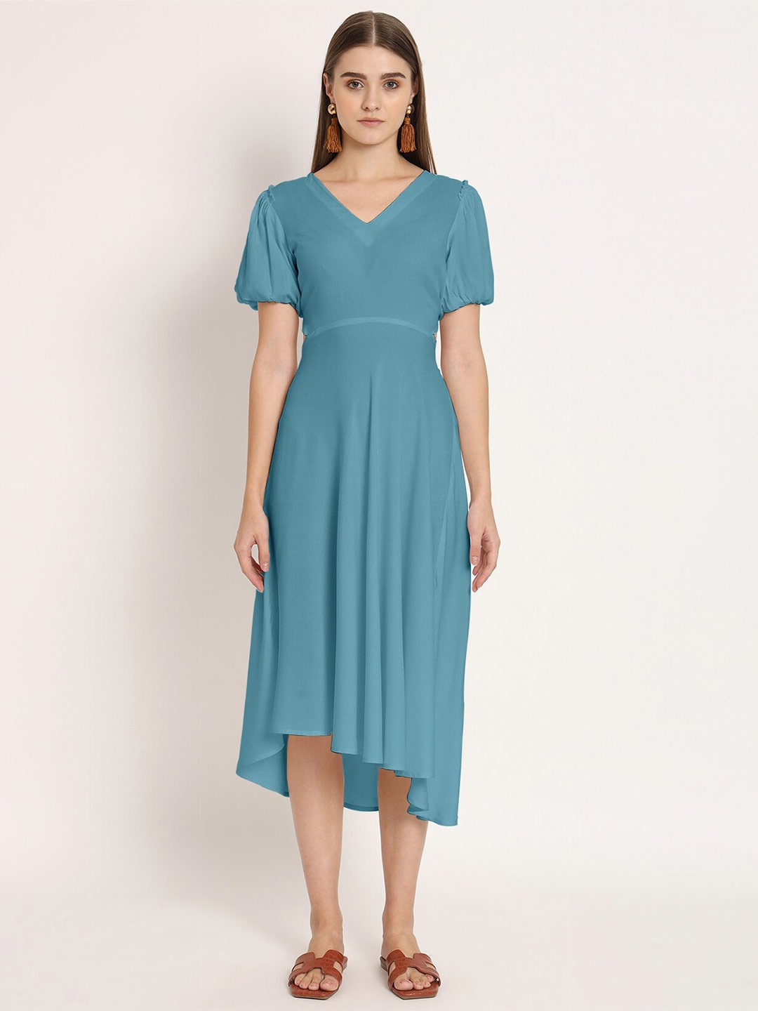 

Moomaya Puff Sleeve A Line Dress, Blue