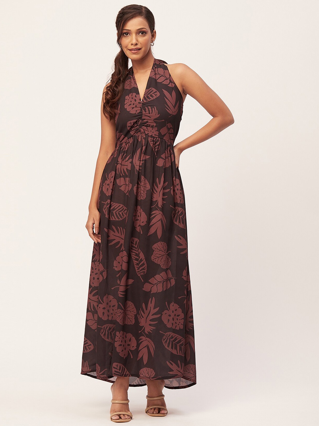 

Moomaya Floral Printed Halter Neck Gathered Maxi A-Line Dress, Black