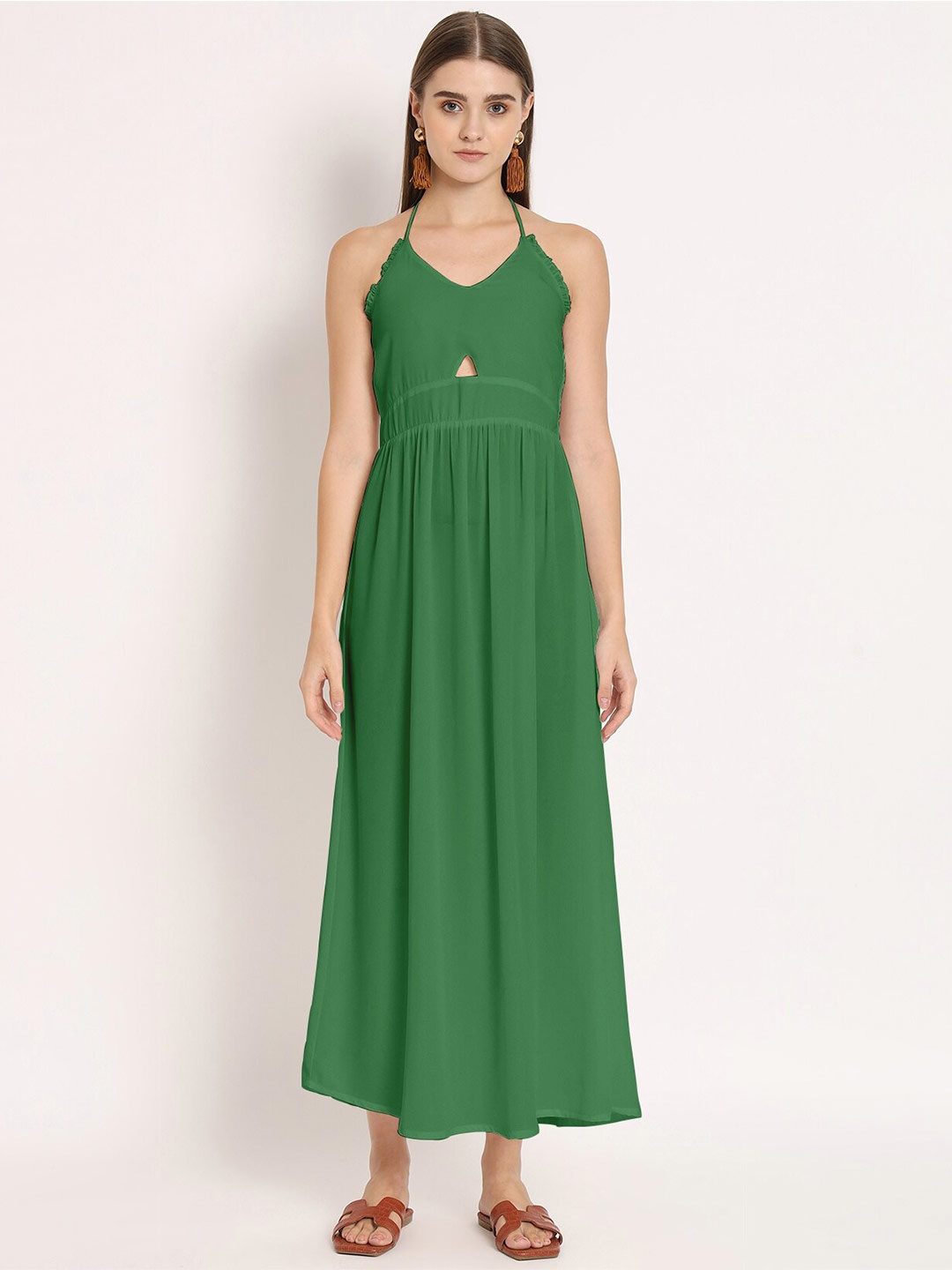 

Moomaya Halter Neck Cut-Out Detail Maxi Georgette Dress, Green