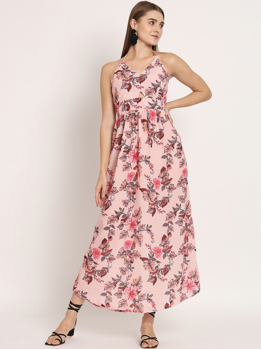 

Moomaya Floral Printed Halter Neck A-line Maxi Dress, Peach