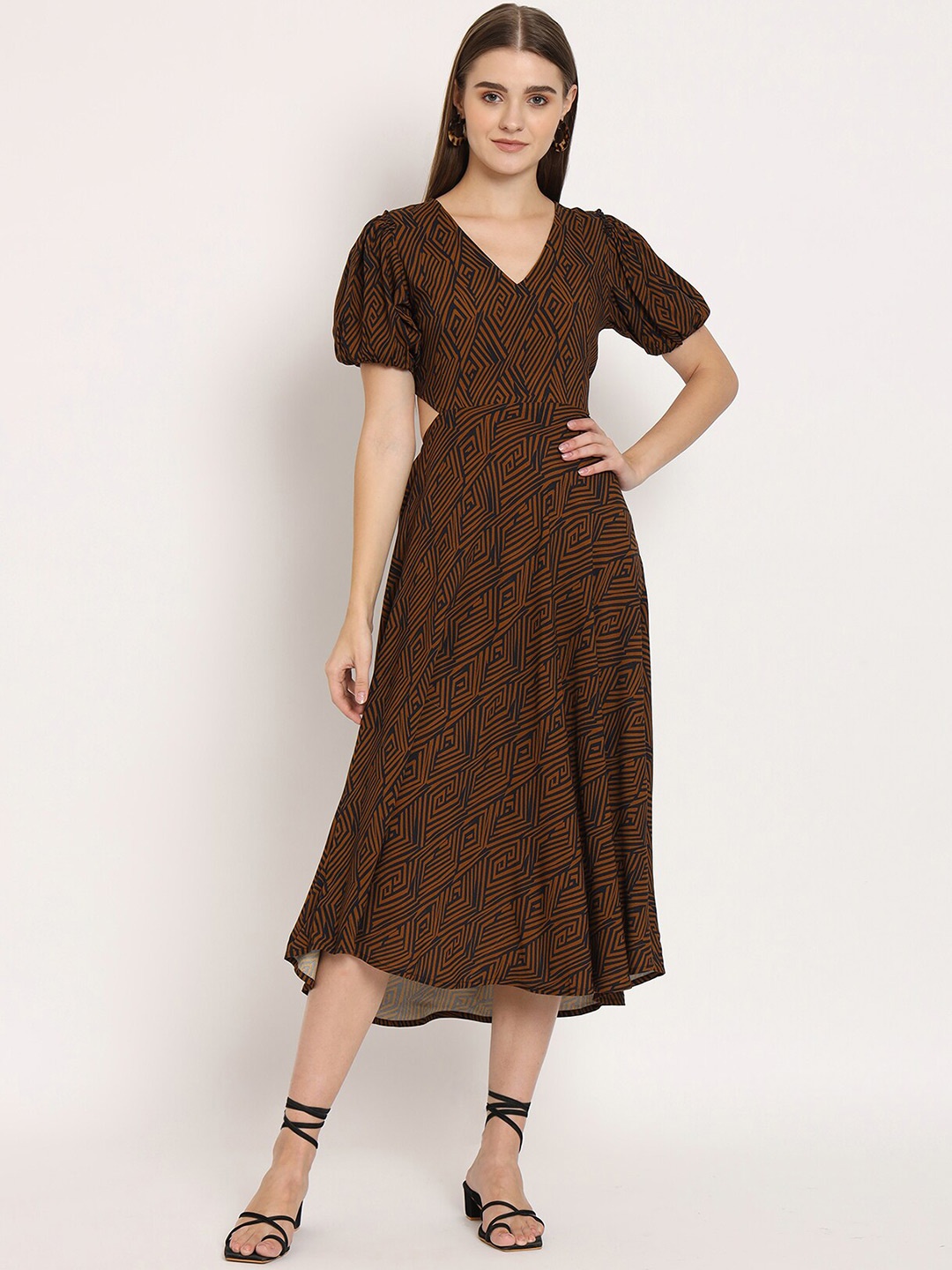 

Moomaya Printed V-Neck Styled Back Fit & Flare Midi Dress, Rust