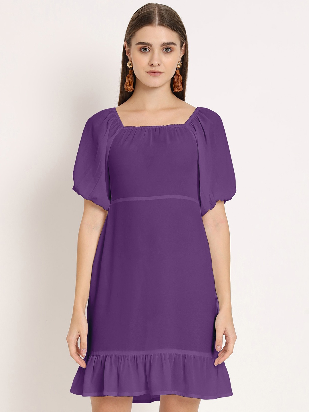 

Moomaya Square Neck Flared Sleeve Georgette Fit & Flare Dress, Purple