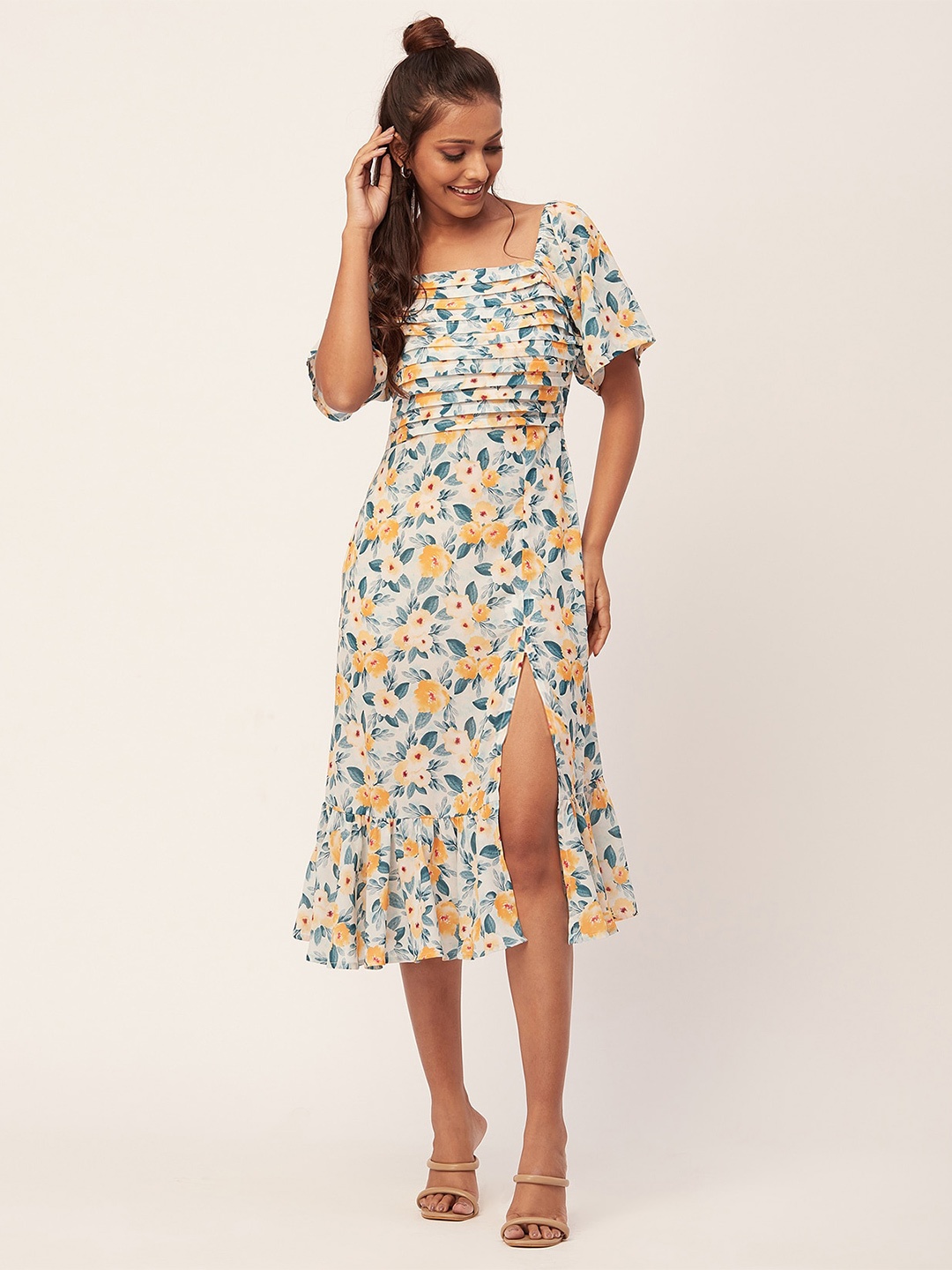 

Moomaya Floral Printed Flared Sleeve A-Line Midi Dress, Green